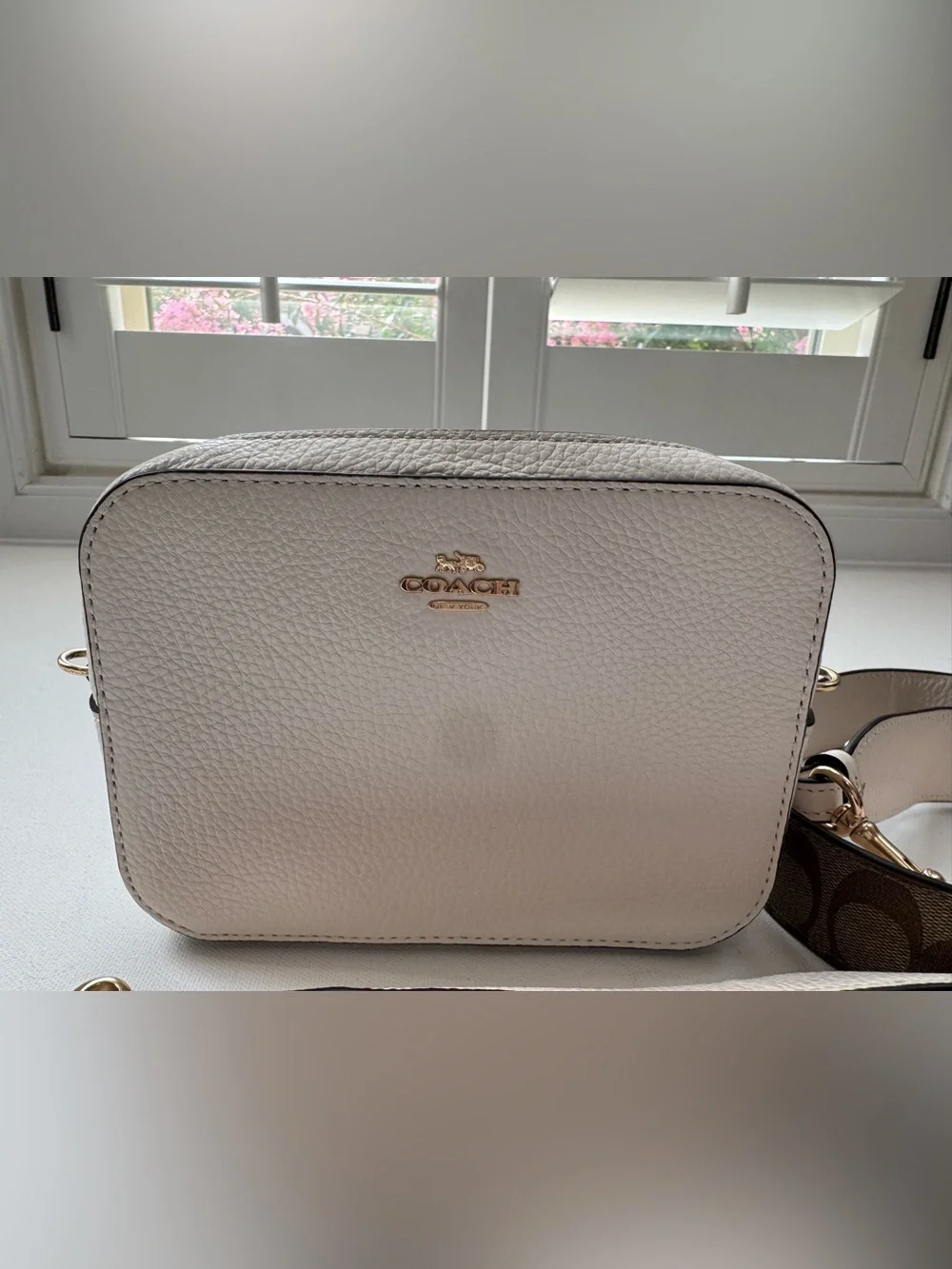 Coach Pebble Leather Camera Crossbody Bag – Chalk/Ivory with Signature Strap